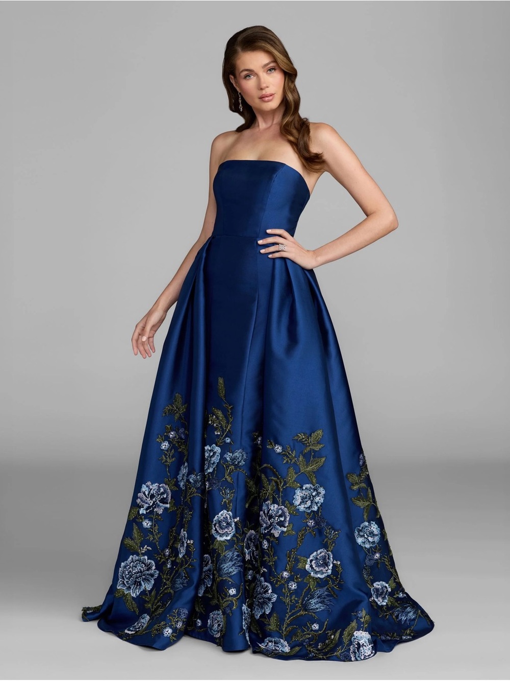 Strapless Navy Blue Floral Embroidered Ball Gown Mac Duggal 21282